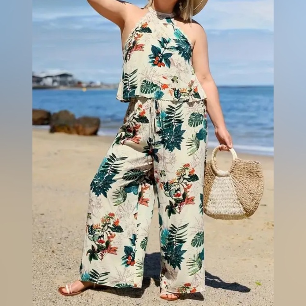 Tropical Floral Halter Top Palazzo Pants 2 piece Set Crème XL Beach Cruise